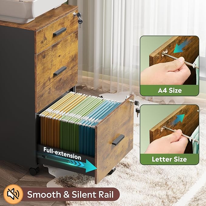 DEVAISE 3 Drawer Rolling File Cabinet with Lock Wood Filing Cabinet fits Letter / A4 Size for Home Office Rustic Brown