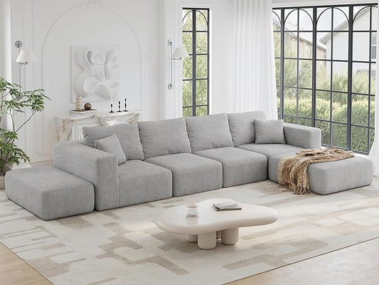 CUGOAO 152'' Modern Boneless Couch Oversized 2-in-1 Modular Sectional Sofa Bed Extra Deep Seat Upholstery Cloud Couch Boneless Couches for Living Room No Assembly Required Grey Chenille