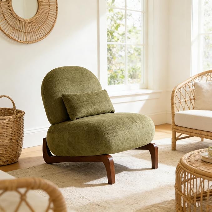 Modern Comfy Upholstered Cloud Armless Accent Chair Cozy Fabric Lounge Chairs with Wood Legs &amp Pillow Comfortable Sofa Reading Chair for Living Room Bedroom Apartment Balcony Green
