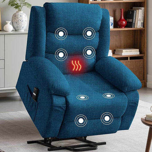 Oversized Power Lift Recliner for Elderly Extra Wide Electric Recliner Chairs with Massage and Heat Reclining Chair with Side Pockets Recliner for Living Room (Imitation Cashmere Blue)