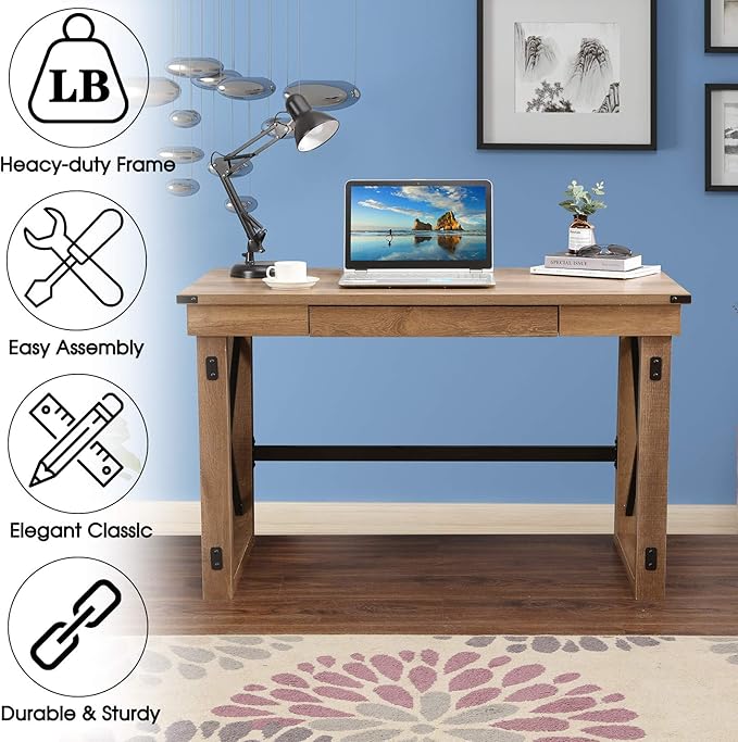 Festival Depot 47.5 Writing Computer Desk Large Home Office Desk in Industrial Style with Pull-Out Keyboard Tray Black Metal and Wood Appearance Laptop Table for Game Study