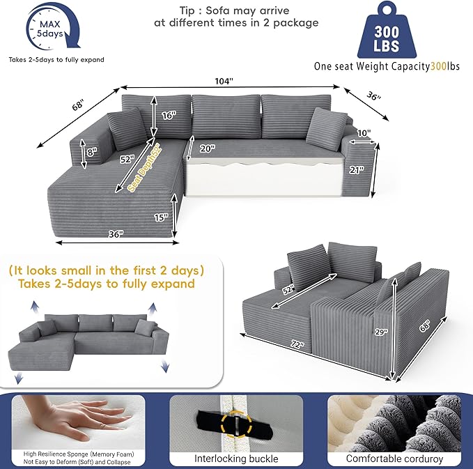 104 Cloud Sectional Couch with L-Shaped ChaiseModern Modular Sectional SofaCorduroy Boneless Couches for Living Room BedroomNo Assembly Required 3-Seater (Left Facing Chaise) Grey