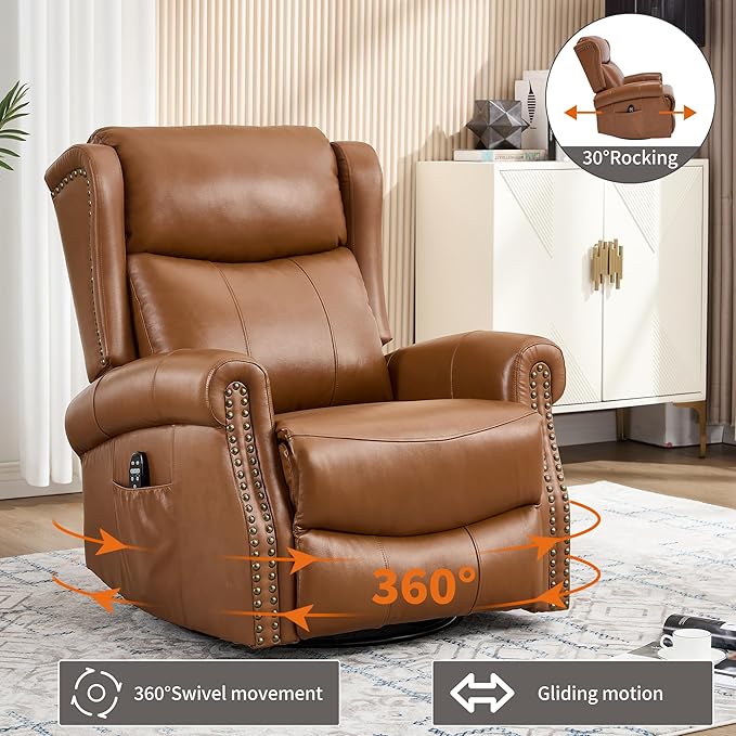 PELUMY Genuine Leather Swivel Rocking Recliner Chair for Adults 360° Swivel Glider Rocker with Heat &amp Vibrating Massage Lounge Chair for Living Room Bedroom Nursery (Earth Yellow)