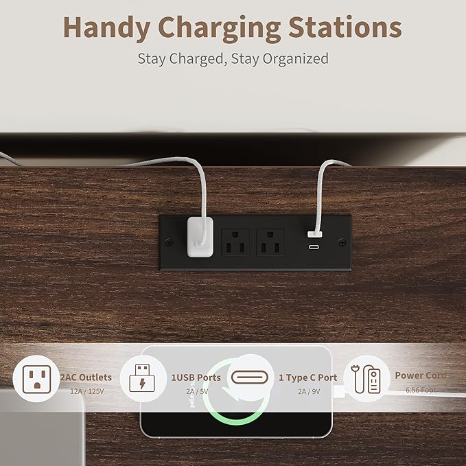 IDEALHOUSE 54 Inch Modern Executive Desk with Charging Station USB-C/A &amp 6.56ft Cord - Fluted Office Desk with File Drawers Computer Desk for Home Office Classic Brown