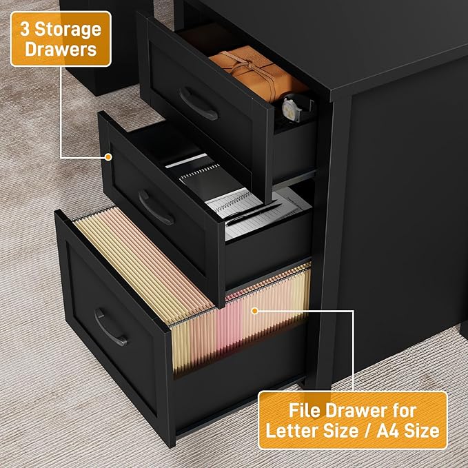 Vabches Farmhouse 68 H L Shaped Desk with HutchOffice Table with 3 Drawers and Sliding Doors Executive Desk with File Drawers and Charging Station Wood Workstation for Home Office and Study