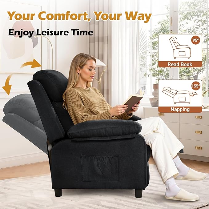 Recliner Chair Living Room Chairs for Adults Padded Deep Seat Reading Chair with Side Pockets Small Recliners for Small Spaces Lounge Chair for Living Room Bedroom and RV (Linen)