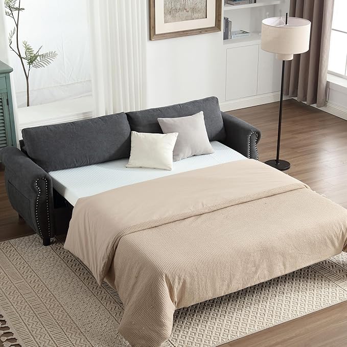 TTK 80.7 Queen Sized Pull Out Sofa Bed 2-in-1 Convertible Sleeper Couch with Memory Foam Mattress &amp Solid Wood Frame for Living Room Apartment &amp Small Spaces Gray