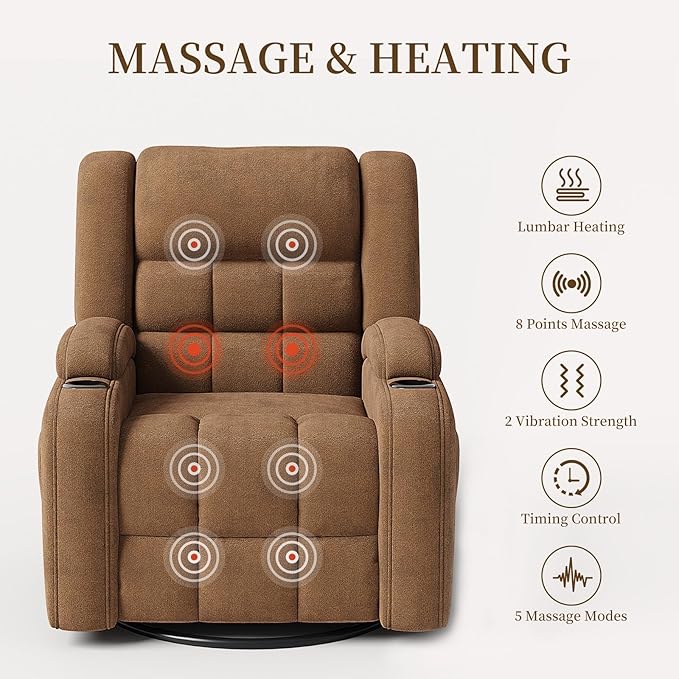 Furnimart 360° Swivel Rocker Recliner with Heat and Massage Manual Comfy Recliner Chair for Adult Chenille Glider Rocker Chaise Lounge for Living Room Bedroom Home Theater (Brown)