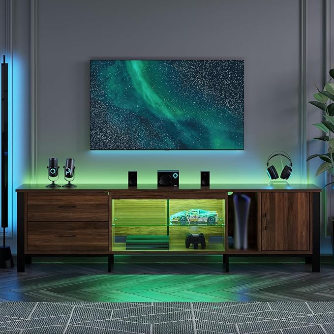 Bestier TV Stand for 75/80/85 inch TV LED Gaming Entertainment Center Modern TV Cabinet with Glass Shelves for Living Room Media Console with 2 Storage Drawers &amp Cabinets for Bedroom Walnut