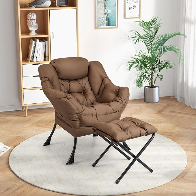 GORELAX Lazy Chair with Ottoman Modern Accent Chair w/Armrests &amp Side Pocket Upholstered Lounge Sofa Chair &amp Folding Footstool Set Reading Chair for Bedroom Living Room Dorm Room (Brown)