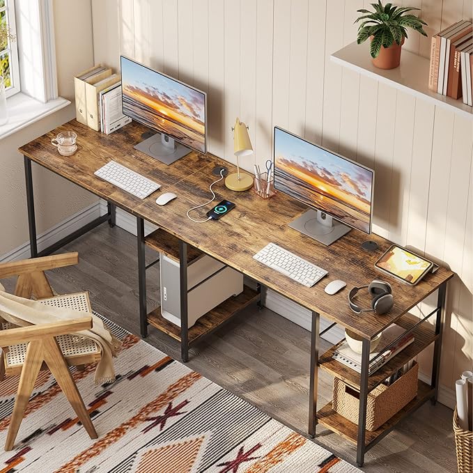 Bestier L Shaped Desk with Shelves 86.6 Inch Reversible Corner Computer Desk or 2 Person Long Table for Home Office Large Gaming Writing Storage Workstation P2 Board with 3 Cable Holes Rustic Brown