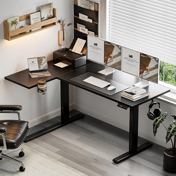 Muvai L Shaped Standing Desk with Cable Management Tray 59 Inch Height Adjustable Electric Standing Corner Desk Sit Stand Up Work Table for Home Office Gaming with Reversible Splice Board Black