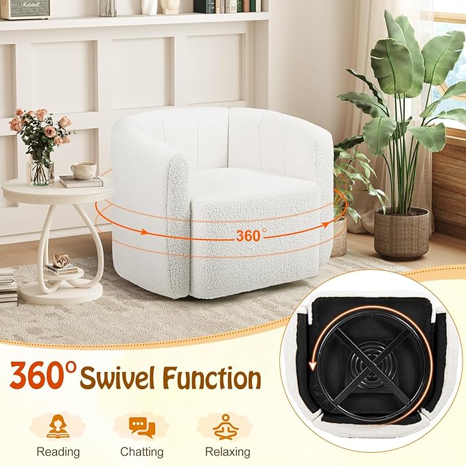 Giantex 360° Swivel Accent Chair - Sherpa Upholstered Boucle Barrel Club Chair with Padded Armrests Modern Round Arm Chair for Reading Living Room Bedroom Office White Teddy