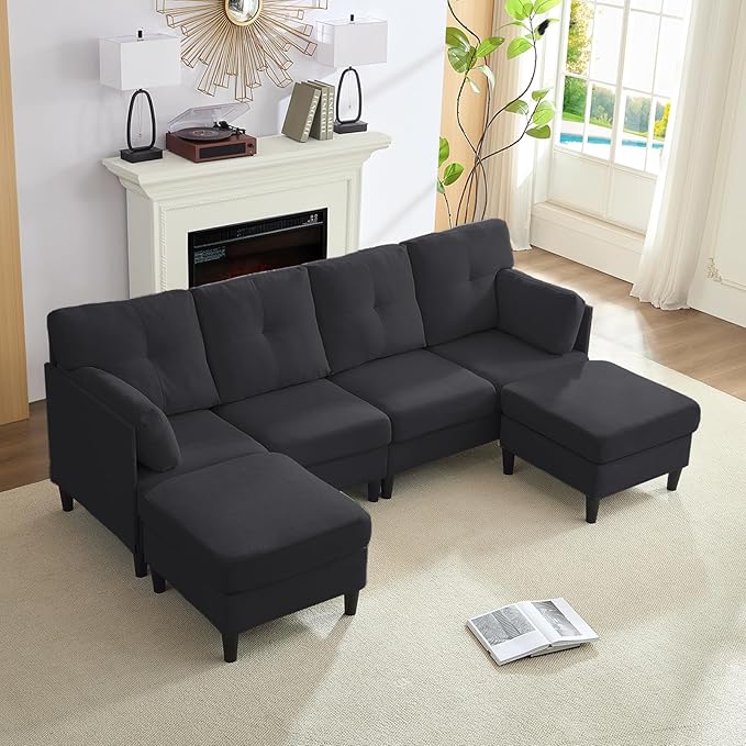 PUREMIND Sectional Couches for Living Room Modern Snow Velvet U-Shaped Sofa Couch with Double Chaise Upholstered 4 Seater Sofa with Double Chaise for Living Room Apartment Office Dark Grey