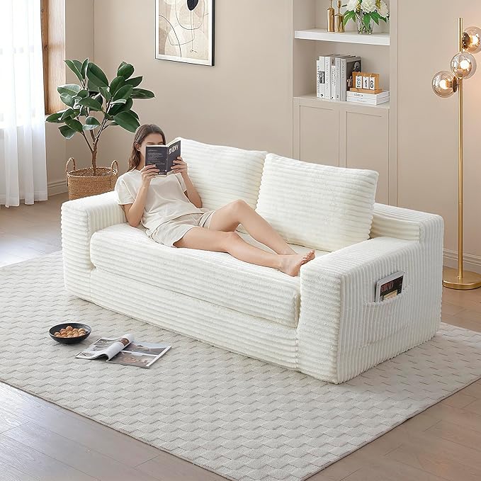 73 Convertible Sofa Bed Pull Out Loveseat Sleeper Sofa with Side Pockets 2 in 1 Folding Couch Bed Fold Out Floor Couch Lounge Sofa with 2 Pillows for Living Room Apartment (Beige)