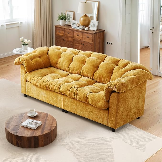 3-Seater Couch 94.8 inch Oversized Modern Comfy Tufted Chenille Fabric Cloud Fluffy Foam Deep Seat Soft Loveseat Sofa Couch for Living Room Bedroom Office Yellow