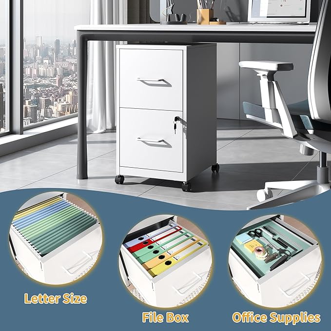 2 Drawer File Cabinet on Wheels Mobile Filing Cabinets with Lock Metal Storage Cabinet Vertical Filing Cabinets for Home Office Rolling File Cabinet for Under Desk Amssebly RequiredWhite