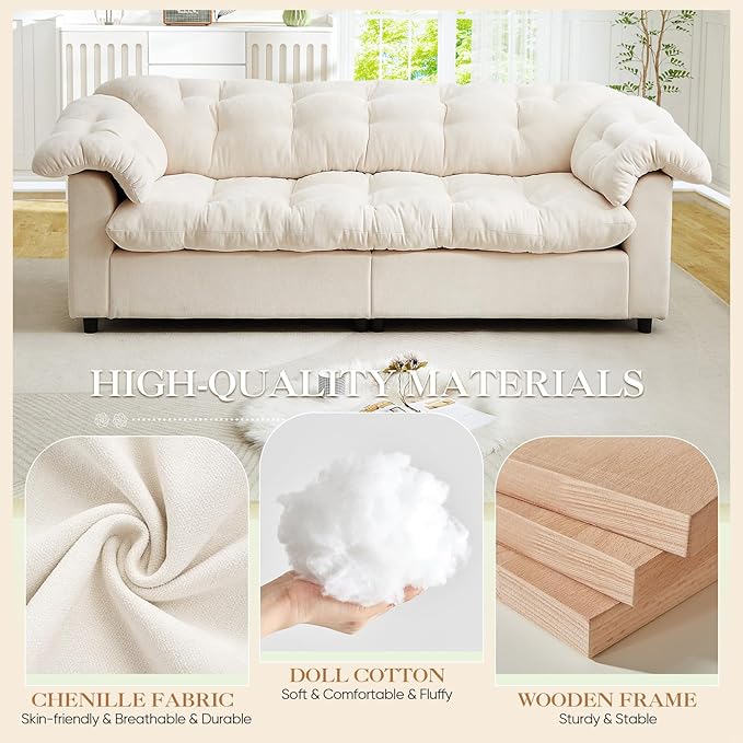 Modern Sofa Couch 94.8W Chenille Tufted Fluffy Comfy Cloud Couch with Tutfted Design &amp Armrest Pillows Upholstered Oversized Loveseat Sofa for Living Room Bedroom Office Apartment Beige