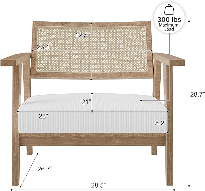BELLEZE Mid Century Modern Rattan Chair Accent Natural Wood Armchair with Upholstered Seat and Cane Back Boho Retro Lounge Chair for Living Room Bedroom Office