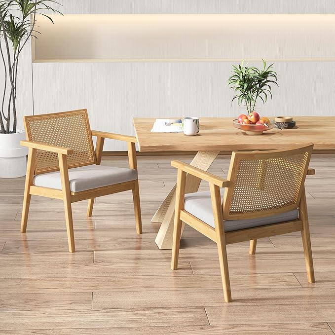 Giantex Modern Rattan Accent Chair Set of 4 Mid Century Accent Chairs w/Curved Backrest Detachable Padded Seat Cushion Solid Rubber Wood Frame Comfy Armchairs for Living Room Bedroom Natural