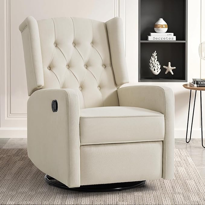 360 Swivel Rocker Recliner Chair for Adults Nursery Chair for Small Spaces Living Room Upholstered Fabric Glider Recliner Lvory