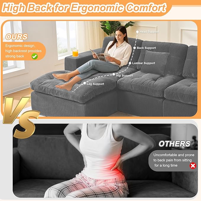 108 Modular Sectional Sofa Cloud Sectional Couch L-Shape Sofa Couch with Deep Seat Upholstered Boneless Couches for Living Room Bedroom No Assembly Required Grey