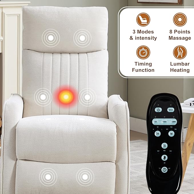 Manual Swivel Rocker Recliner Chair for Adults Overstuffed Glider Chair for Nursery with Massage and Heat Living Room Reclining Chair Fabric Beige
