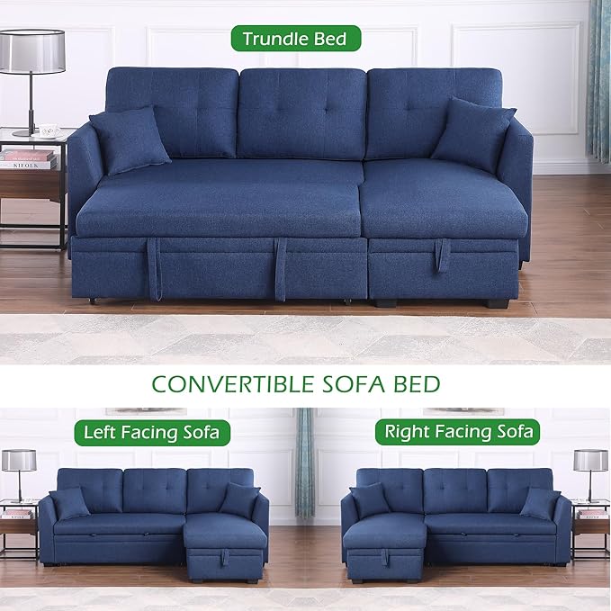 BEEY Sleeper Sofa Bed 82 Small Convertible Sectional Sofa Couch with Storage Chaise L Shaped Couch with Pull Out Bed for Bedroom Living Room (Navy_Blue_2)