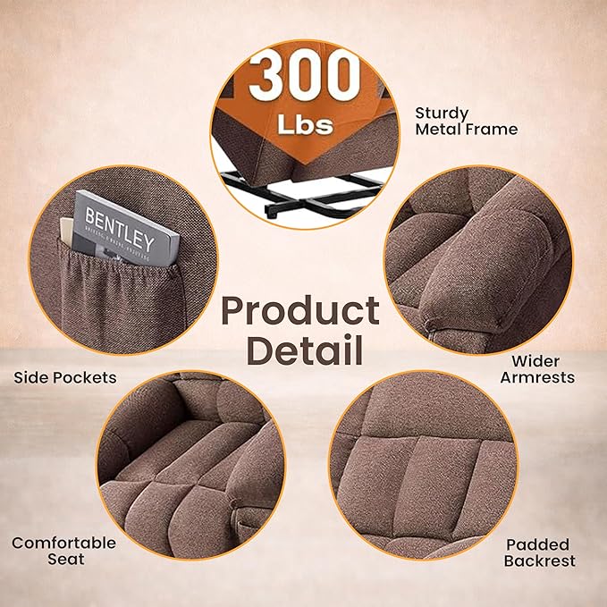 HealSmart Power Lift Recliner Chair with Massage &amp Heat Overstuffed Fabric Reclining Chair with Remote Side Pockets for Living Room &amp Bedroom Brown