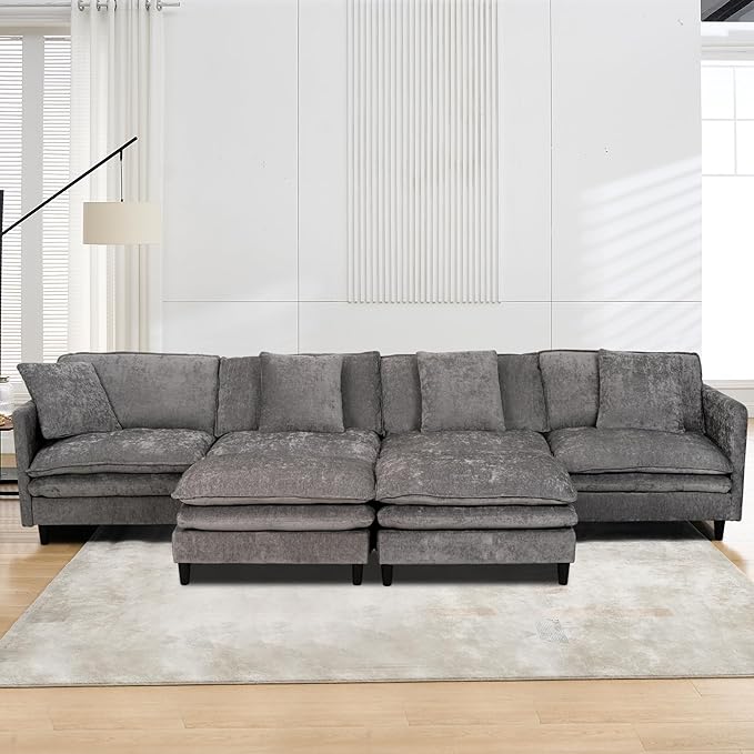 Sectional Sofa Modular Deep Seat Sofa Couch with Ottoman 143'' Chenille Sofa Sleeper Comfy Upholstered Furniture for Living Room Apartment Studio Office (Gray 143.31- U Shape)