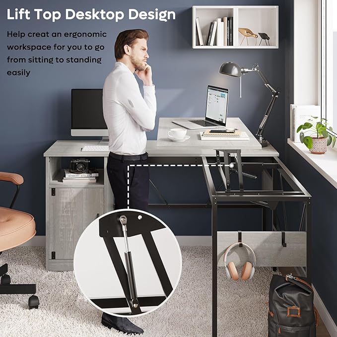 Bestier Versatile 60 Inch L-Shaped Standing Desk Lift Top Corner Desk Extending to 95 Inches with Storage Cabinet and Hooks for Home Office Washed White