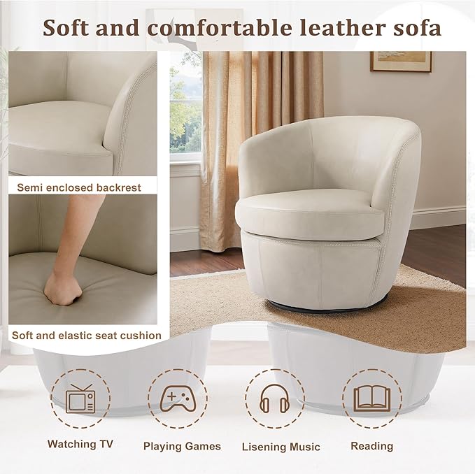 Swivel Barrel Chair Modern Round PU Leather Accent Armchair for Living Room Bedroom Comfy Club Reading Chairs for Adults (Leather Beige Set of 1)
