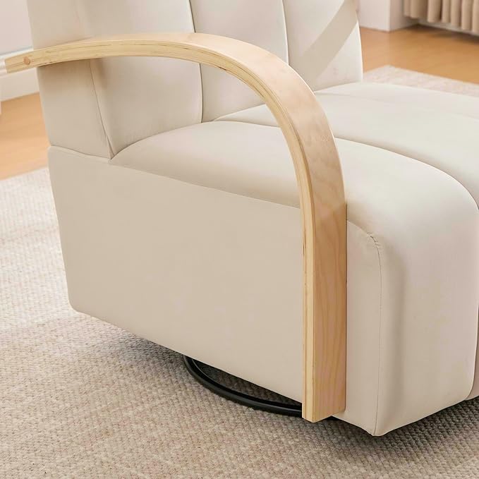 30.3 W Swivel Modern Boucle Upholstered Accent Chair with Solid Wood Armrests Comfy Lounge Reading Chair Side Armchair for Hotel Bedroom Living Room Office Nursery Room (Beige+PU)