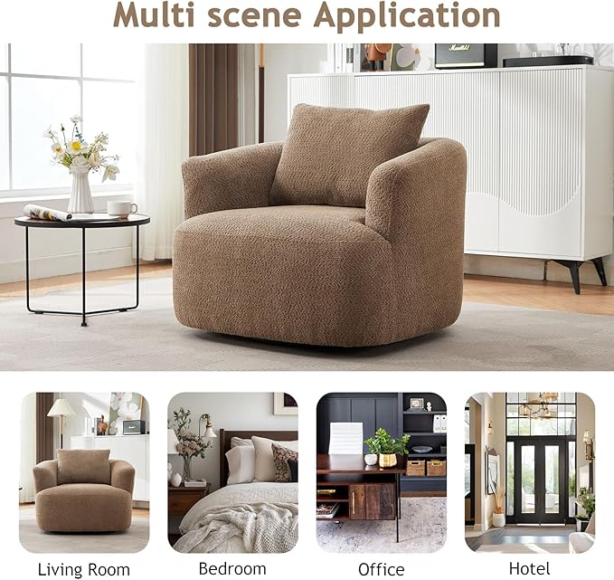 38.2 Swivel Accent Chair Blown Boucle Upholstered Armchair Comfy Single Cloud Sofa Chair with Ergonomic Armrests &amp Throw Pillow for Nursery Living Room &amp Offices(Brown)