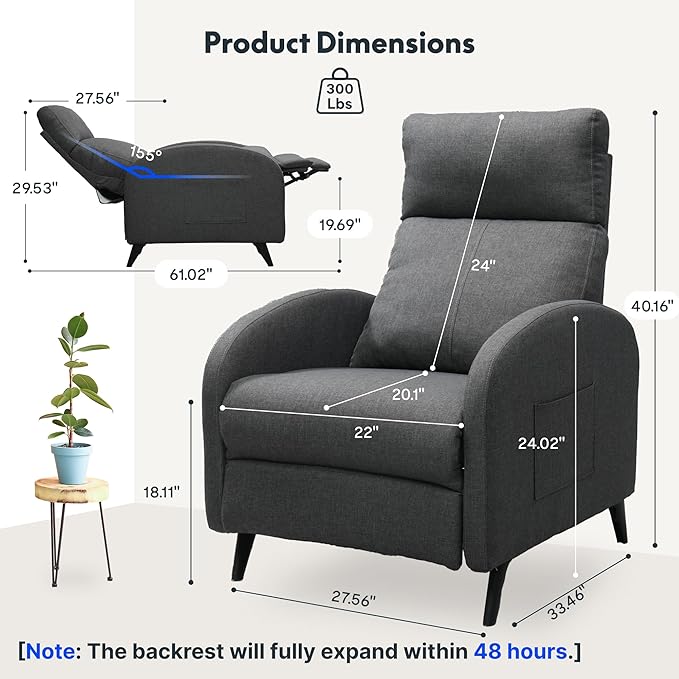 FLEXISPOT XC2 Recliner Chair for Adults Fabric Small Reclining Chair Home Theater Seating with Side Pockets Adjustable Modern Single Sofa Armchair Extended Footrest for Living Room(Gray)