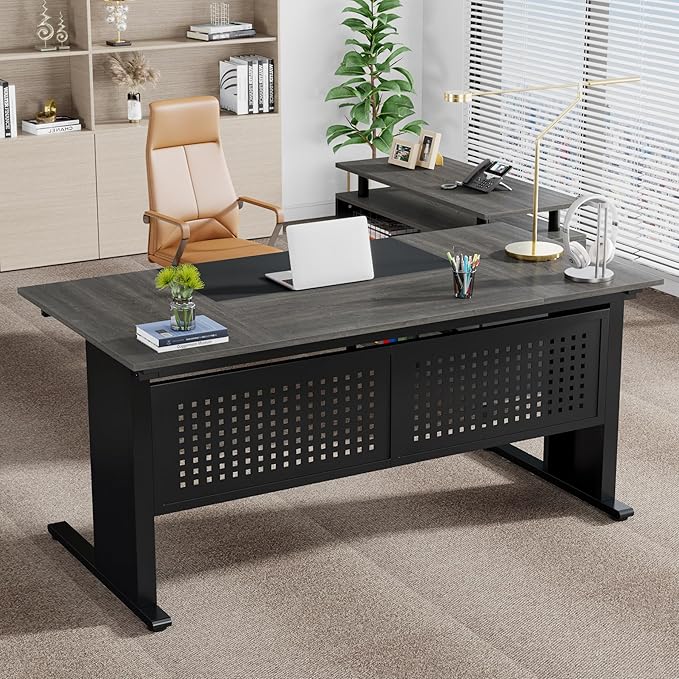 Tribesigns 63 Inch Executive Desk with File Cabinet L Shaped Office Desk with Drawers and Storage Shelves Business Furniture Set Workstation for Home Office Gray and Black