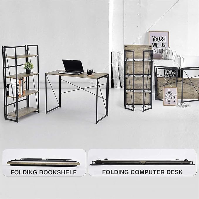 Folding Computer Desk for Home Office – 39 Small Portable Writing Desk Light Brown Oak and Black Frame Space-Saving Modern Study Table No Assembly Required