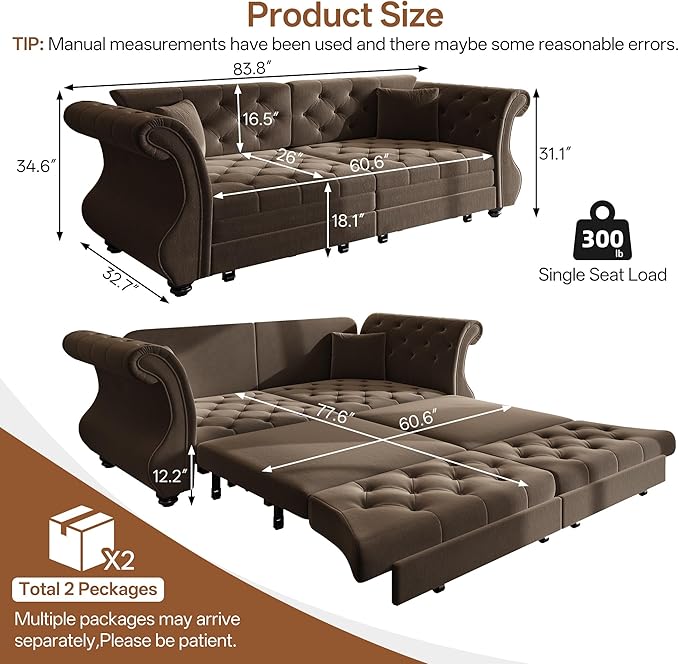 KEIKI 83.8 Classic Chesterfield Sleeper Sofa for Small Spaces Pull Out Velvet Couch with Rolled Arms Elegant Tufted Design