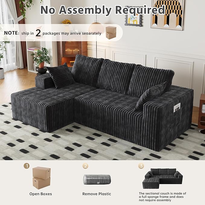 96 Cloud Sectional Couch with L-Shape Chaise4 Seat Modern Modular Sofa with Side PocketsUpholstered Couches for Living Room Bedroom Boneless CouchNo Assembly Required