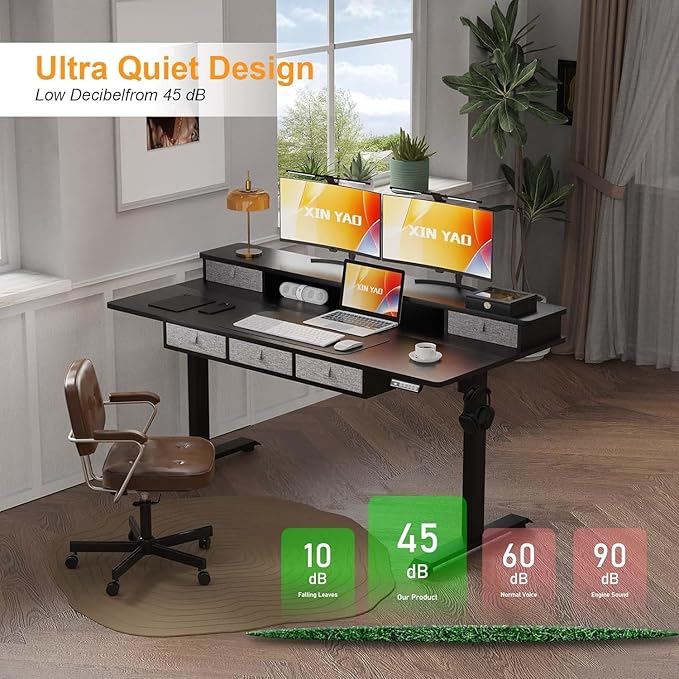 XINYAO Standing Desk with 5 Drawers 63 x 30 Inch Electric Height Adjustable Stand Up Desk Ergonomic Table with Storage Larger Desktop Computer Workstations