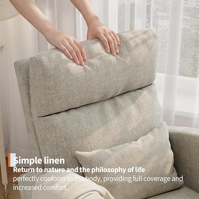 GarveeHome Linen Rocking Chair Modern Nursery Glider Chair with Side Pockets and Pillow Rocker Chair for Living Room Bedroom Nursing Room Grey