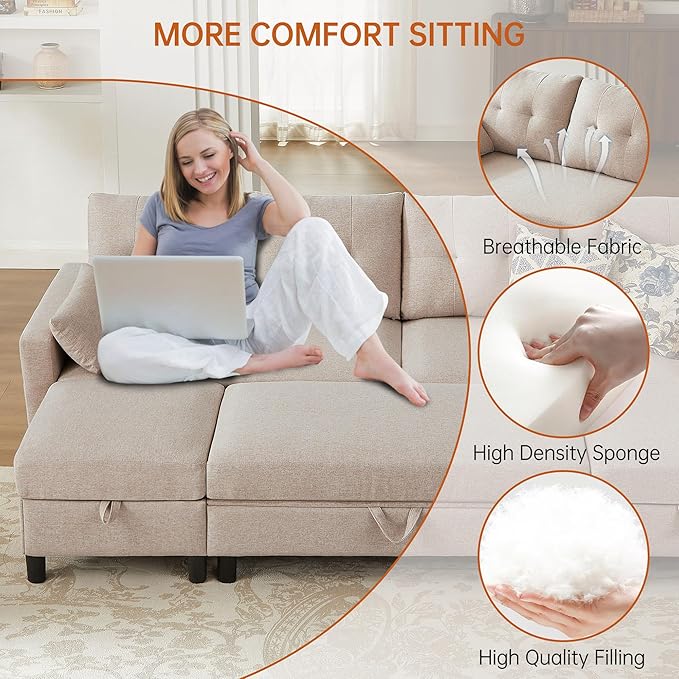 Convertible Sectional Sleeper Sofa with Storages 100 U Shaped 4 Seater Couch with 2 Movable Ottomans and 1 Ottoman Bench Polyester Fibre for Living Room Beige