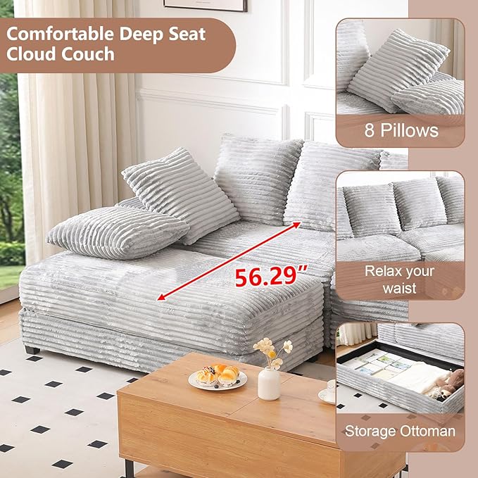 108 Oversized Sectional Sofa Modular Deep Seat Sofa Couch with Storage Ottoman Upholstered Comfy Cloud Couches with 8 Pillows Modern L-Shaped Corduroy Sofa Chaise for Living Room Apartment Gray