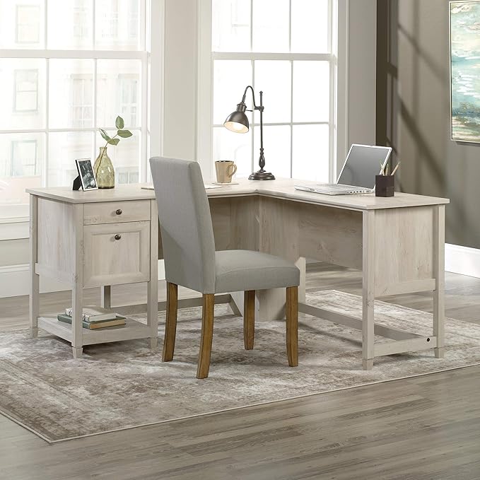 Sauder Edge Water L-Shaped Corner Desk with Storage Drawers and Open Shelf in Chalked Chestnut
