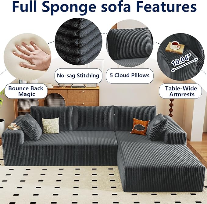 96 Modular Sectional Sofa Modern Corduroy Cloud Couch with Deep Seat Boneless Couch Upholstered 3-Seater L-Shaped Sofa for Living Room No Assembly Required (Dark Grey Right-Facing Chaise)