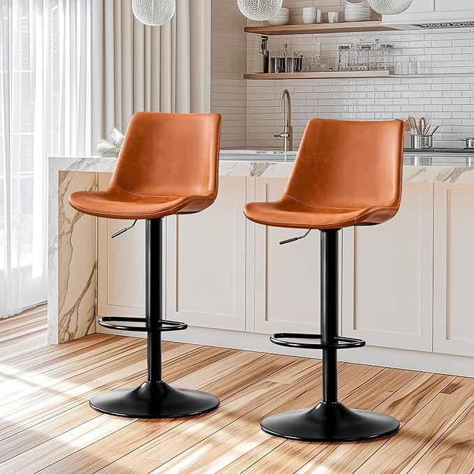 Vintage Bar Stool Height Adjustable Crazy Horse Leather Bar Chair X-Large Base and Seat Bar Stools Ergonomic Bistro Stool with Footrest for Kitchen Dining Bistro Pubx Set of 2 Whisky Brown