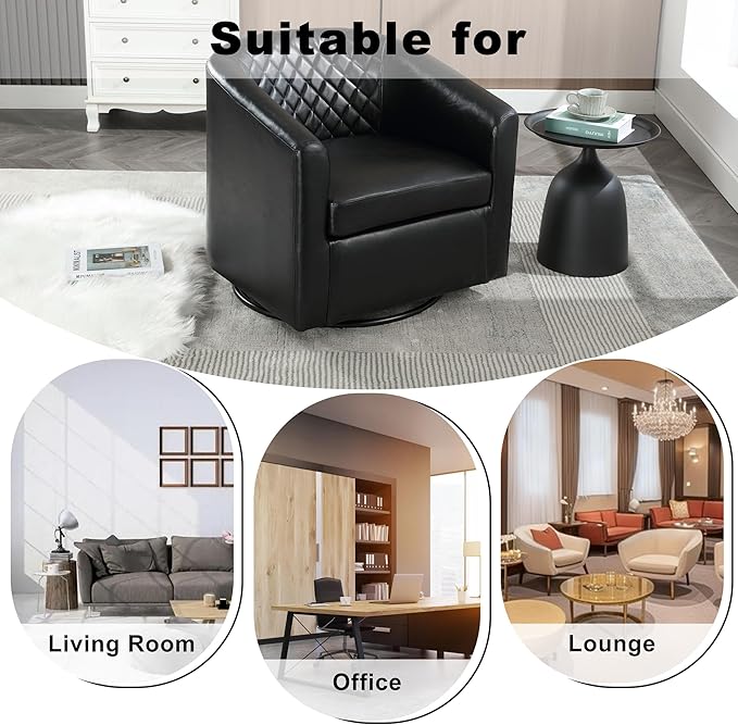 Swivel Gilder Modern Round Armchair 360 Swivel Leather Barrel Club Chair for Living Room Bedroom Office (Black)