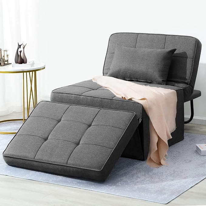 BIGSYY Sofa Bed Set of 4 in 1 Multi-Function Folding Ottoman Breathable Linen Couch Bed with Adjustable Backrest Modern Convertible Chair for Living Room Apartment Office Dark Grey
