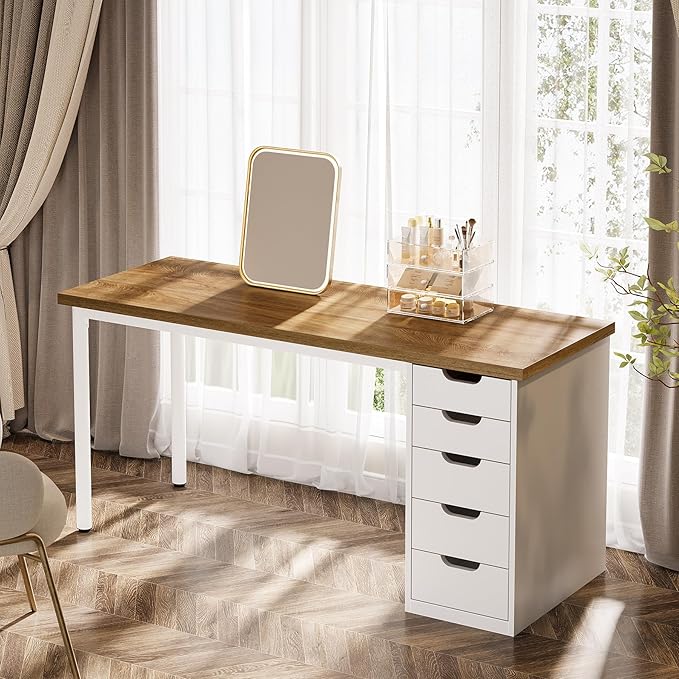 Tribesigns Modern Simple Computer Desk 47 Inches PC Desk with 5 Reversible Drawers Rustic Brown Study Writing Table Workstation for Home Office Small Spaces (Walnut+White)