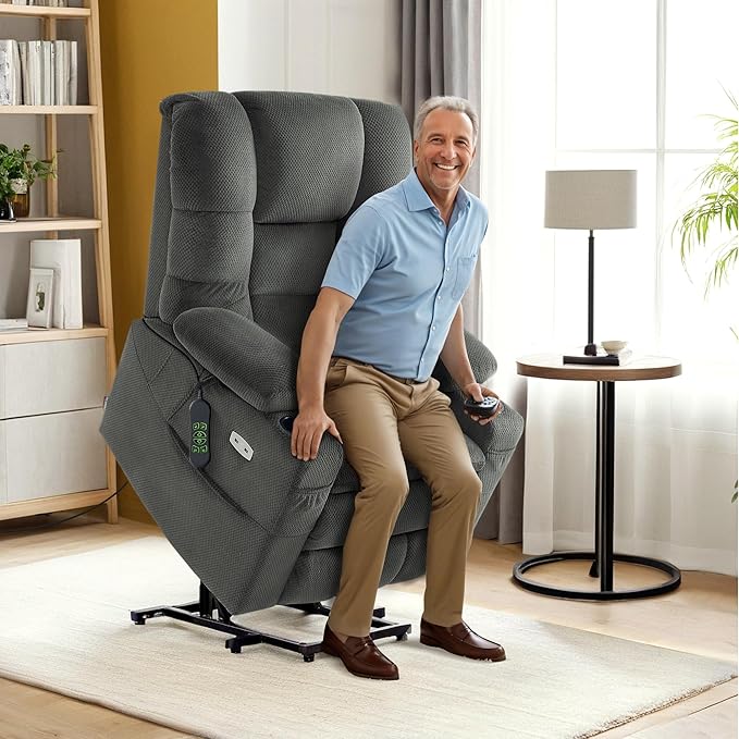 MCombo Large Triple Motor Power Lift Recliner Chair with Massage and Dual Heating Adjustable Headrest for Tall Elderly People Fabric 7634 (Grey Large)